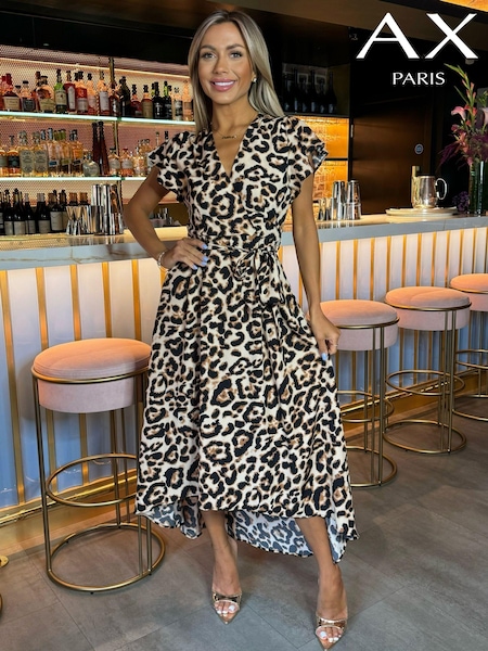 AX Paris Multi Leopard Print Short Sleeve Belted Wrap Brown Midi Dress (AA8416) | 196 LEI