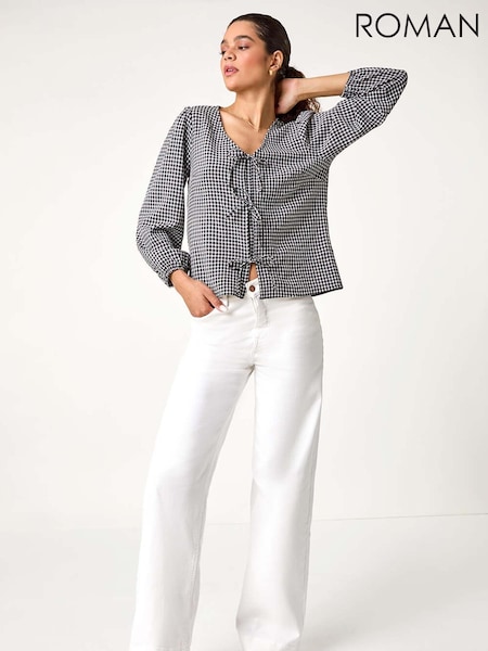 Roman Gingham Print Tie Front Woven Top (AA8451) | ‏220‏₪
