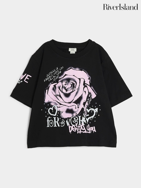 River Island Black Girls Graffiti Rose 100% Cotton T-Shirt (AA8545) | €9