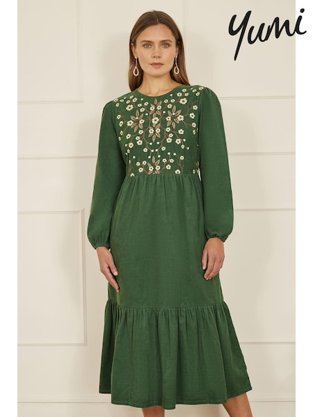 Yumi Green Long Sleeve 100% Cotton Midi Dress With Floral Print Embroidery Bodice (AA8582) | €83
