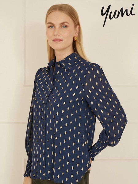 Yumi Diamond Foil Print Top With Ruched Cuff (AA8584) | 31 €