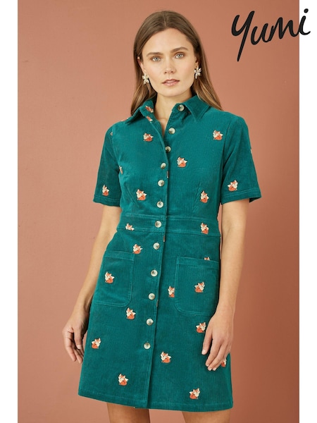 Yumi Corduroy Shirt Dress With All Over Fox Embroidery (AA8593) | €102