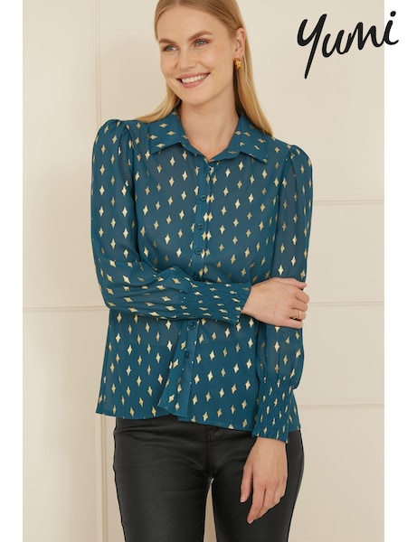 Yumi Dark Blue Diamond Foil Print Top With Ruched Cuff (AA8597) | €53