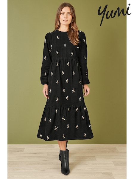 Yumi Black Long Sleeve 100% Cotton Midi Dress With Floral Print Embroidery (AA8598) | €83