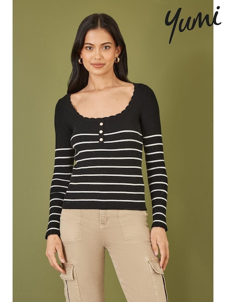 Yumi Black Stripe Rib Knitted Long Sleeve Top With Button Details (AA8600) | kr557