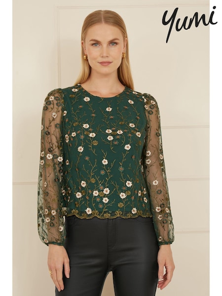 Yumi Green Floral Embroidered Long Sleeve Top (AA8601) | €60