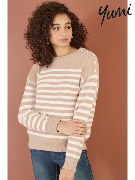 Yumi Brown Stripe Knitted Relaxed Jumper With Button Details (AA8603) | kr643