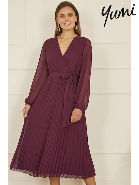 Yumi Pleated Wrap Midi Dress With Sheer Long Sleeves (AA8605) | ‏302‏₪