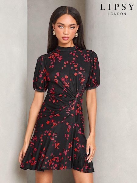 Lipsy Floral Puff Sleeve Ruched Jersey Mini Dress (AA8612) | €64