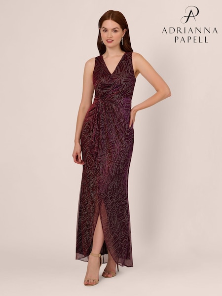 Adrianna Papell Red Metallic Mesh Cascade Gown Dress (AA8620) | 1,040 LEI