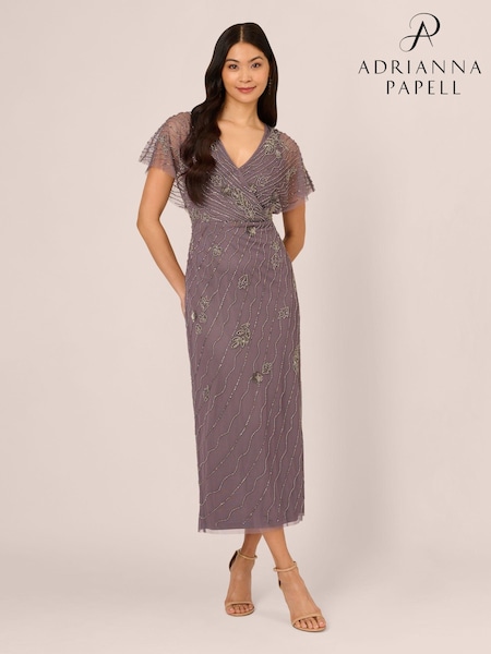 Adrianna Papell Purple Bead Flutter Sleeve Long Dress (AA8621) | €240