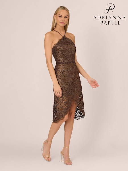 Adrianna by Adrianna Papell Natural Foil Lace Halter Dress (AA8622) | 1,082 LEI