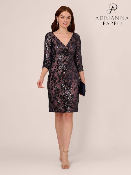 Adrianna Papell Blue Studio Beaded V-Neck Short Dress (AA8634) | €98