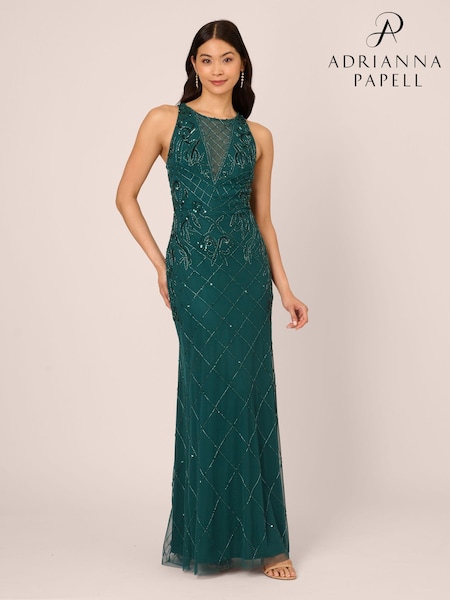 Adrianna Papell Green Studio Bead Halter Long Dress (AA8637) | € 264