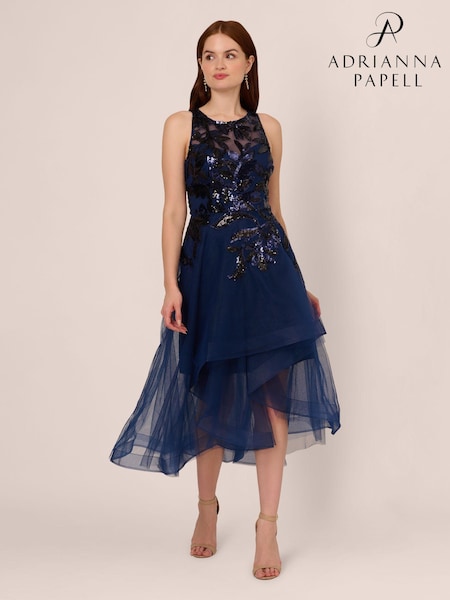 Adrianna Papell Blue Sequin Combo High Low Dress (AA8642) | €154