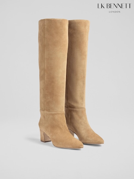 LK Bennett Natural Alessia Caramel Slouch Low Block Knee Boots (AA8720) | €297