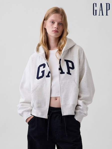 Gri - Gap Vintage Soft Oversized Logo Zip-up Hoodie