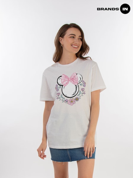 Brands In White 100% Cotton Boyfriend Fit Disney Minnie Mouse Flowers Womens T-Shirt (AA8821) | €37
