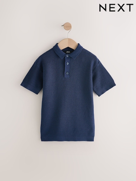 Navy Blue 100% Cotton Textured Short Sleeve Knitted Polo Shirt (3-16yrs) (3-16yrs) (AA8941) | 535 UAH - 741 UAH