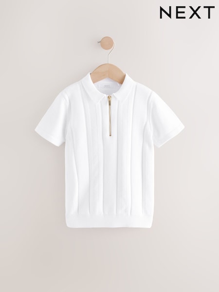 White 100% Cotton Knitted Zip Neck Polo Shirt (3-16yrs) (AA8949) | $28 - $39
