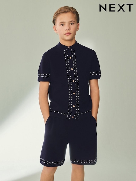 Navy Blue Textured Knitted Button Through Polo Shirt and Shorts Set (3-16yrs) (AA8952) | €36 - €41
