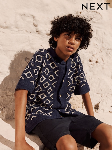 Navy Blue Crochet Short Sleeve Button Through Knitted Polo Shirt (3-14yrs) (AA8954) | €33 - €41