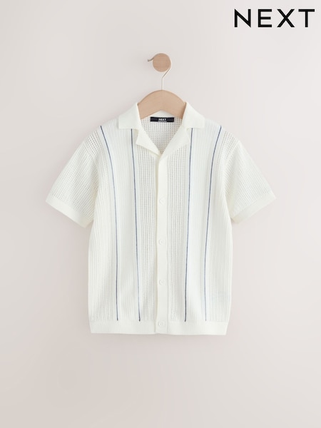 Ecru Vertical Stripe Short Sleeve Button Through Knitted 100% Cotton Polo Shirt (3-16yrs) (AA8958) | 618 UAH - 823 UAH