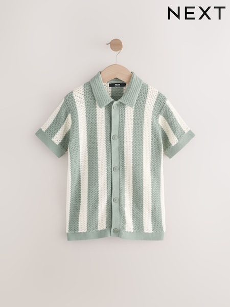 Green/Ecru Vertical Stripe Short Sleeve Button Through Knitted 100% Cotton Polo Shirt (3-16yrs) (AA8962) | 659 UAH - 865 UAH