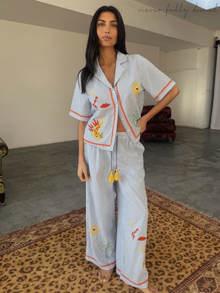 Never Fully Dressed Blue Seersucker Embroidered 100% Cotton Button Through Pyjamas (AA9041) | ₪347