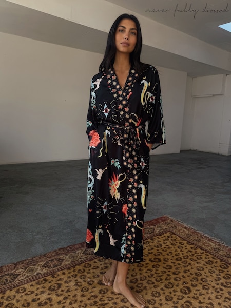 Never Fully Dressed Black Satin Maxi Robe (AA9042) | CA$154