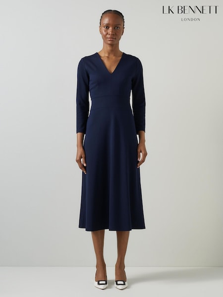 LK Bennett Blue Lauren V-Neck Ponte Midi Dress (AA9069) | 747 LEI
