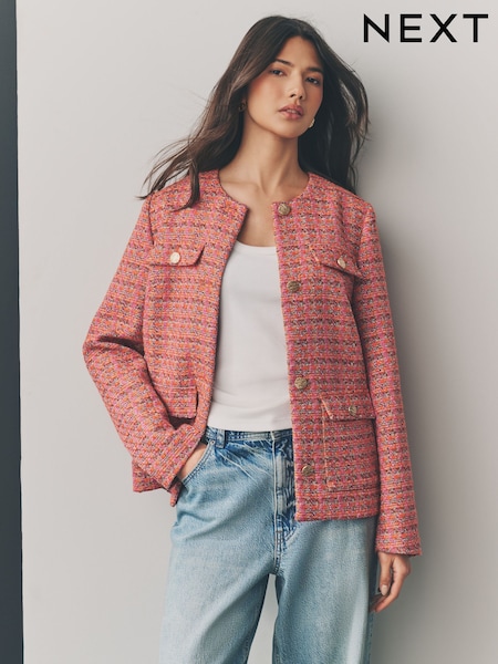 粉色/橙色 - Collarless Textured Boucle Jacket (AA9406) | HK$527