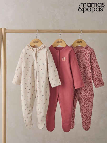 Mamas & Papas Pink 100% Cotton Cherries Sleepsuits 3 Pack (AA9440) | €28