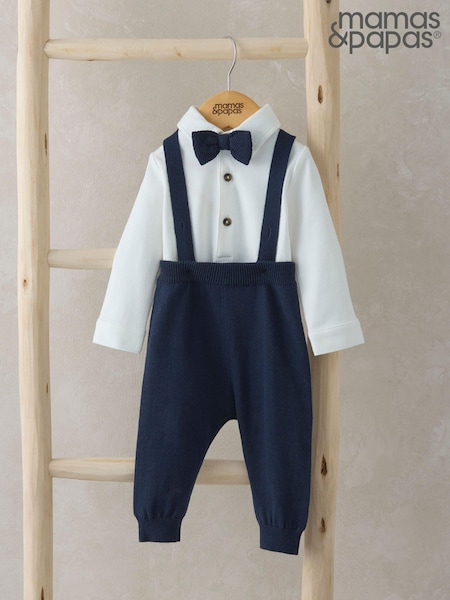 Mamas & Papas Blue 100% Cotton Bow Tie Braces Bodysuit & Trousers Outfit Set (AA9447) | 55 €