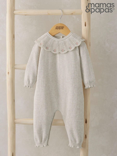 Mamas & Papas 100% Cotton Knitted Scallop Collar Floral Embroidered Grey Romper (AA9448) | 238 LEI