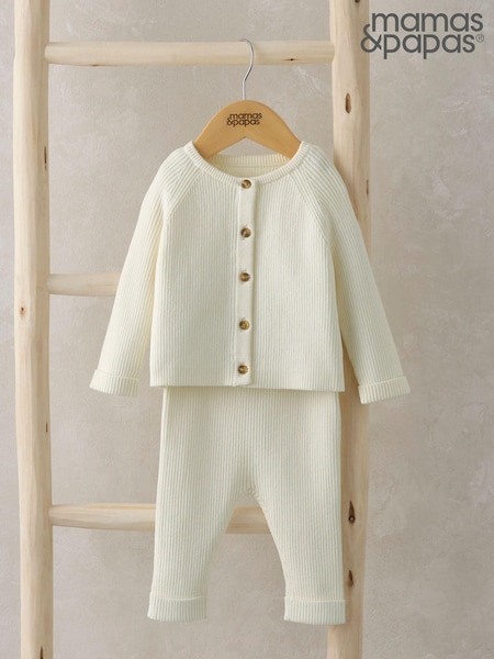 Mamas & Papas Ribbed 100% Cotton Knitted Brown Cardigan & Leggings Set (AA9474) | € 38