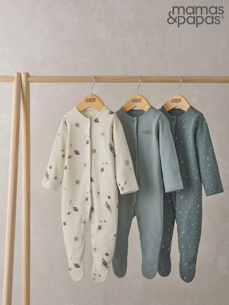 Mamas & Papas Blue 100% Cotton Planets Sleepsuits 3 Pack (AA9485) | 34 €
