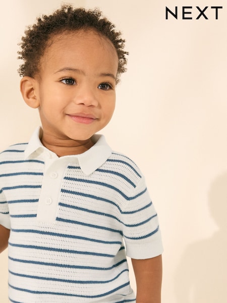 Navy Blue/White Button Neck Knitted 100% Cotton Polo Shirt (3mths-7yrs) (AA9494) | AED56 - AED66