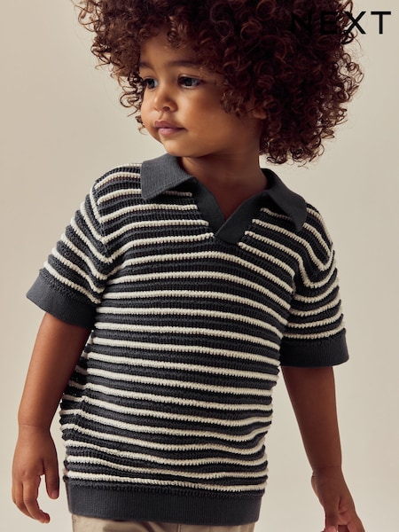 Charcoal Grey Stripe Short Sleeve Trophy Neck 100% Cotton Polo Shirt (3mths-7yrs) (AA9496) | $19 - $22