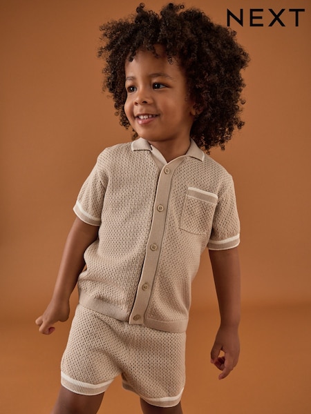 Šedobéžová - Textured Revere Collar Knitted Polo Shirt And Shorts Set (3mths-10yrs) (AA9502) | 685 Kč - 835 Kč