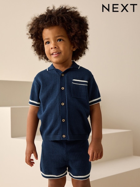 Navy Blue Textured Revere Collar Knitted Polo Shirt and Shorts Set (3mths-10yrs) (AA9503) | 741 UAH - 906 UAH