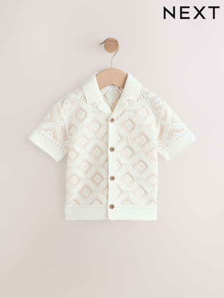 Ecru White Crochet Revere Collar Short Sleeve Knitted Polo Shirt (3mths-7yrs) (AA9510) | 741 UAH - 823 UAH