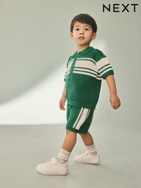 Green/White Textured Revere Collar Knitted Polo Shirt and Shorts Set (3mths-10yrs) (AA9511) | 741 UAH - 906 UAH
