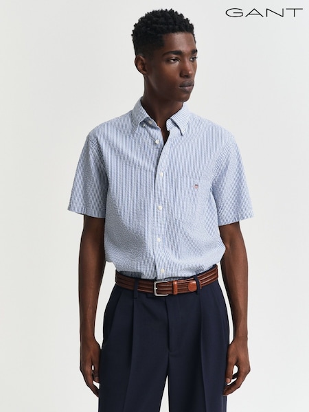 GANT Blue 100% Cotton Regular Fit Short Sleeve Seersucker Stripe Shirt (AA9572) | €136