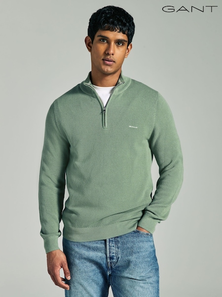 Verde deschis - Pulover GANT 100% bumbac piqué cu fermoar sfert (AA9629) | 931 LEI