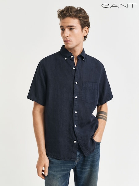 GANT Navy 100% Cotton Regular Fit Short Sleeve Garment Dyed Linen Shirt (AA9637) | AED699