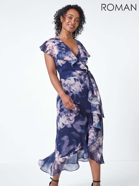 Roman Blue Petite Floral Print Frill Midi Dress (AA9934) | €80