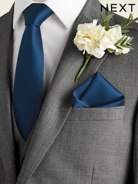 Navy Blue Slim Silk Tie And Pocket Square Set (AAD111) | 54 QAR