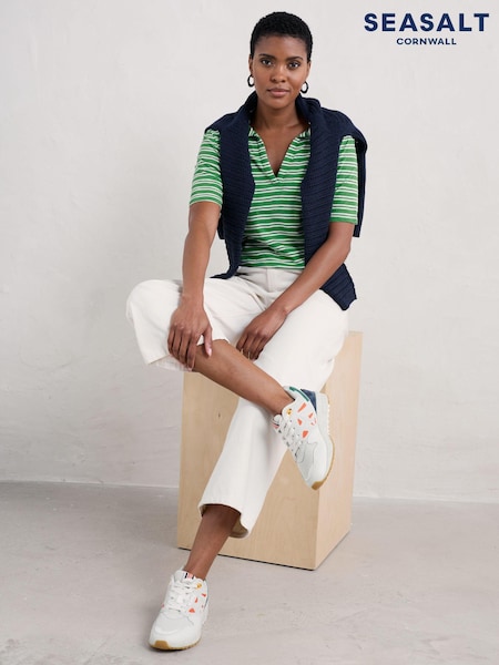 Seasalt Cornwall Green Owles Point Short Sleeve V-Neck Jersey T-Shirt (AB1210) | €24