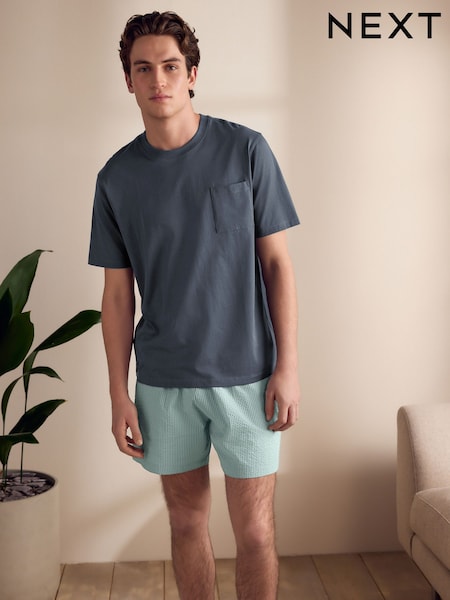 رمادي داكن/أخضر - T-Shirt And Striped Seersucker 100% Cotton Pyjamas Set (AB1258) | ‏158 ر.ق.